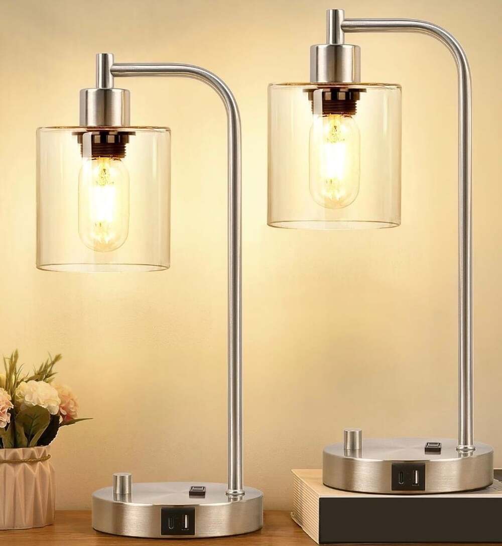 Set of 2 Industrial Table Lamps with USB C+A Ports and Outlet, Brushed Nickle